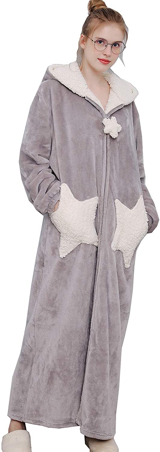 Price:$39.99 Womens Warm Loungewear Hooded Bathrobe Plush Fleece Long Robes with Zipper Front at Amazon Women’s Clothing store