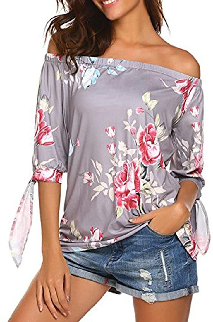 Price:$12.59 Showking Women Summer 3/4 Sleeve Off Shoulder Floral Cuffed Print Tops Blouses T Shirts at Amazon Women’s Clothing store