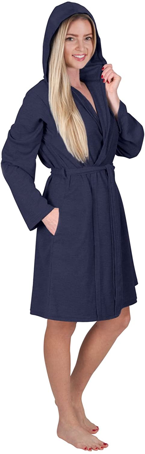 Price:$19.97 Women's Short Hooded Robe Ladies Waffle Knit Robe Hoodie Bathrobe Hoodie Wrap Travel Robe at Amazon Women’s Clothing store
