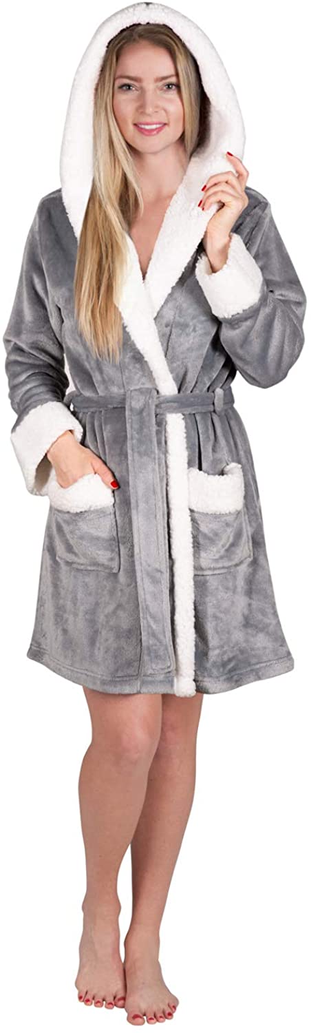 Price:$24.97 Plush Robe Sherpa Lined Hooded Fleece Soft Warm Short Hoodie Bathrobe Plus Sizes Avail. at Amazon Women’s Clothing store