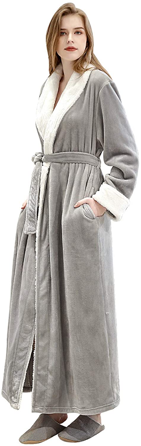 Price:$38.99 FEOYA Women Fuzzy Robe Long Fleece Bathrobe Flannel Warm Housecoats Soft Thicker Sleepwear with Side Pockets at Amazon Women’s Clothing store