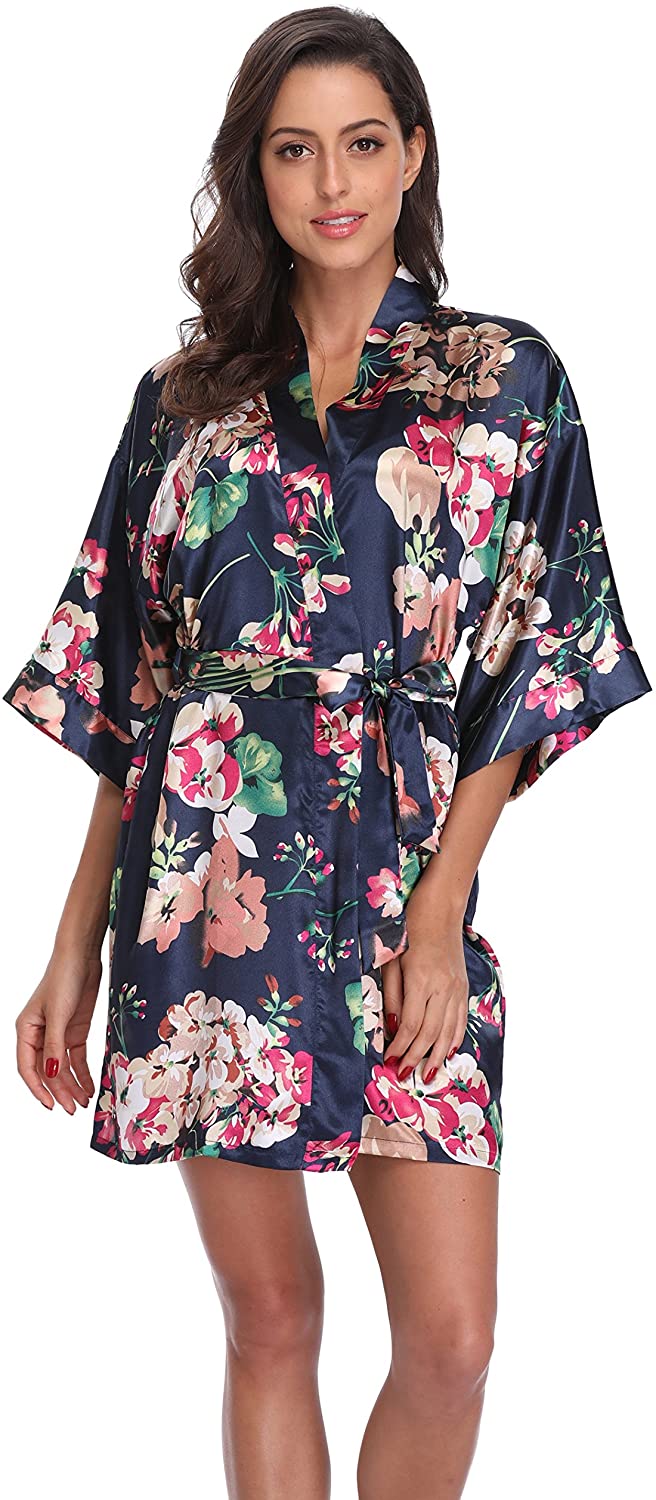 Price:$12.99 Women's Floral Robes for Bridesmaid Short Kimono Bathrobe Silky Sleepwear Satin Dressing Gowns at Amazon Women’s Clothing store