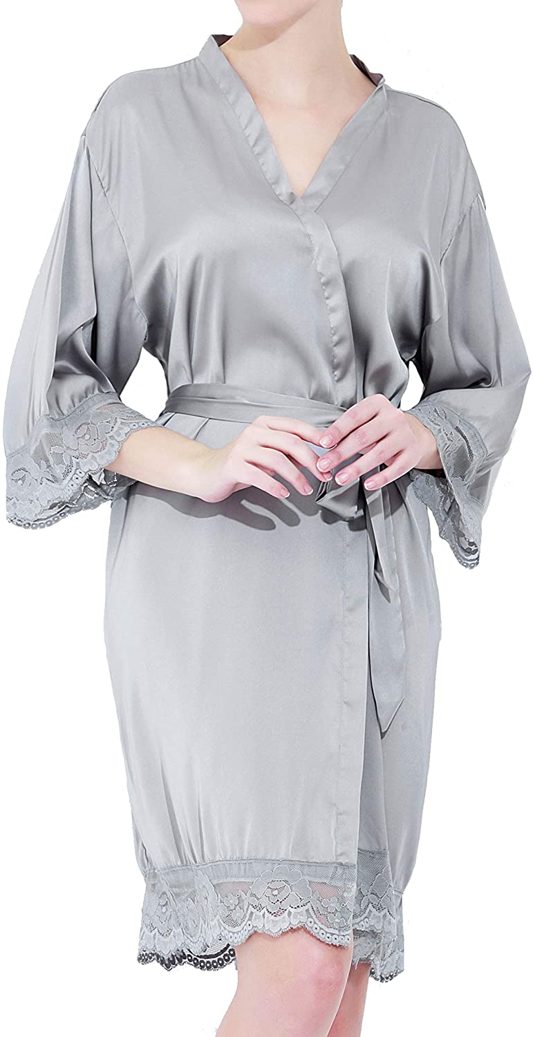 Price:$14.99 ModParty Women's Satin Lace Bride & Bridesmaid Robes (Grey) at Amazon Women’s Clothing store