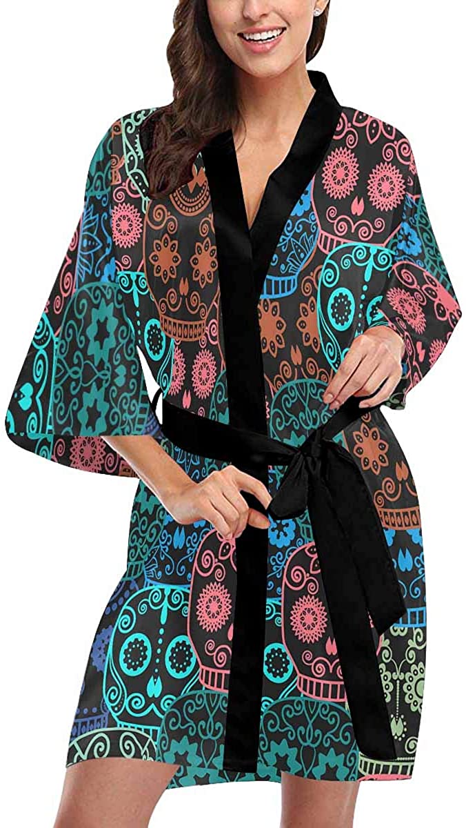 Price:$42.99    Custom Sugar Skull Women Kimono Robes Beach Cover Up for Parties Wedding (XS-2XL)  Clothing