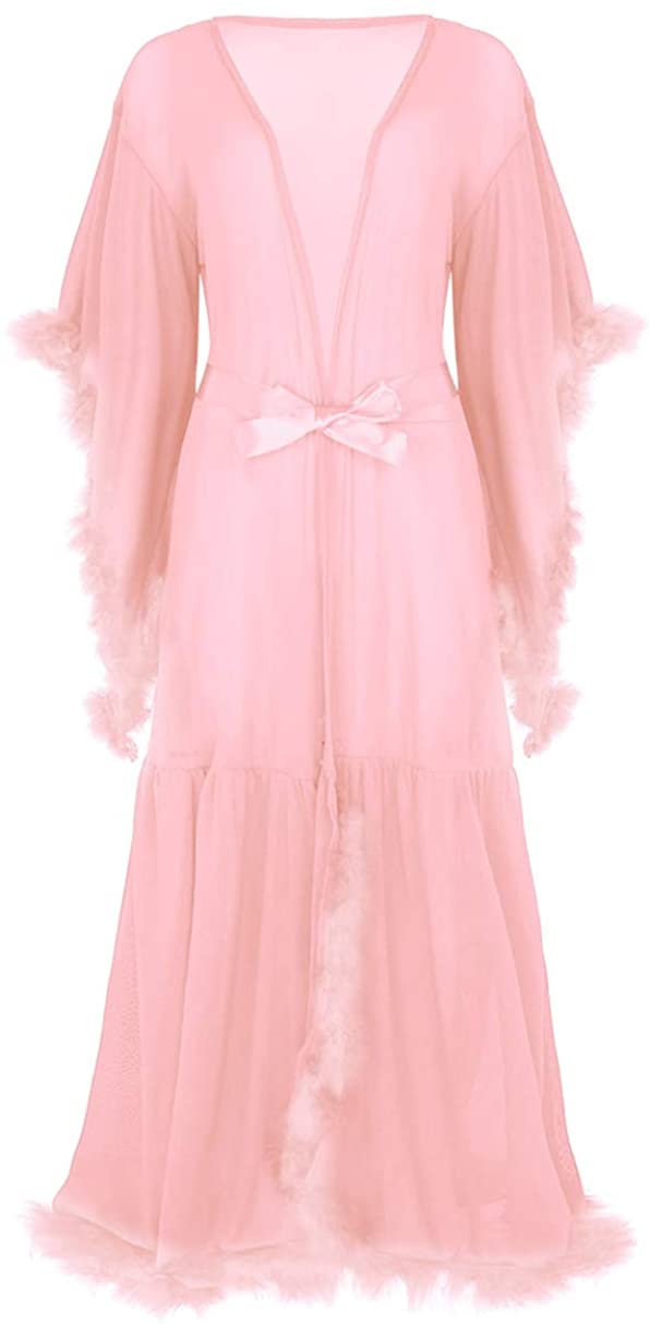 Price:$15.95 inlzdz Women's Flare Sleeves Feather Bridal Robe Nightgown Tulle Illusion Long Wedding Scarf Coral Pink One Size at Amazon Women’s Clothing store