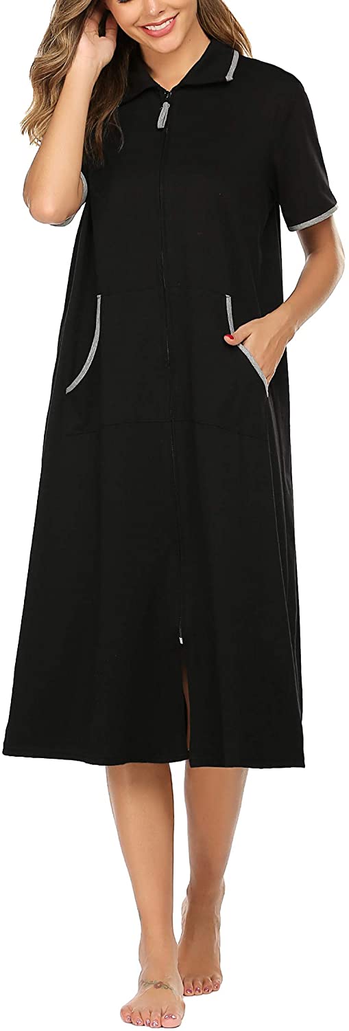 Price:$8.99 Ekouaer Women Zipper Robe Long Loungewear Soft Nightgown Full Length Duster Housecoat with Pockets at Amazon Women’s Clothing store