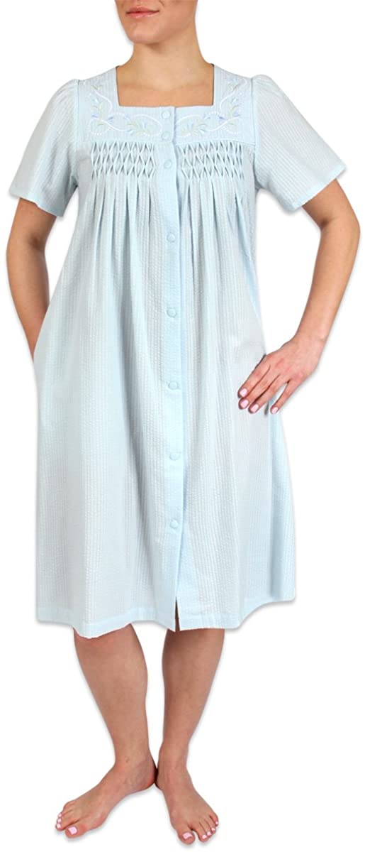 Price:$29.99 Heavenly Bodies Seersucker Robe, Short Coverup with Soft Lightweight Fabric for Summer and Easy On and Off Snap Front at Amazon Women’s Clothing store