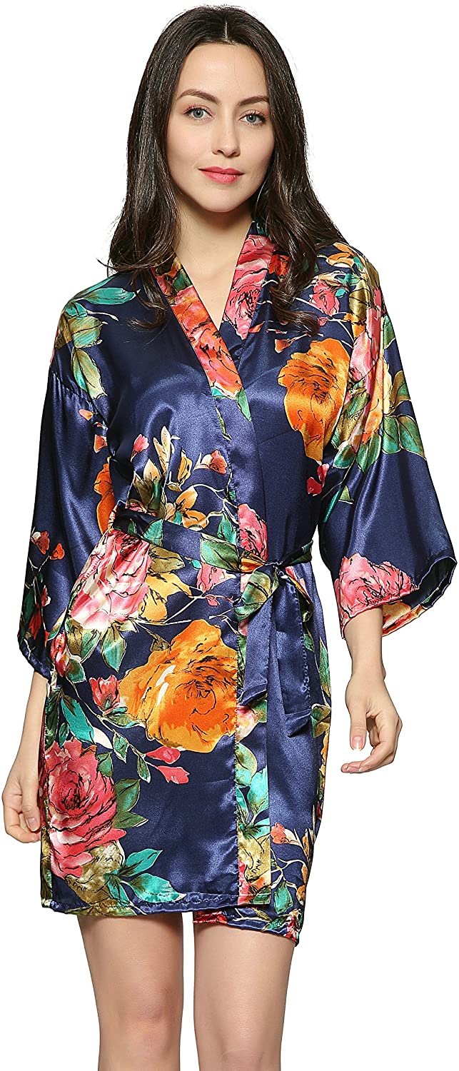 Price:$13.99 Zarachilable Large Floral Satin Floral Robe, Women Lady Bride Robe Bridesmaid Robe Night Robe at Amazon Women’s Clothing store