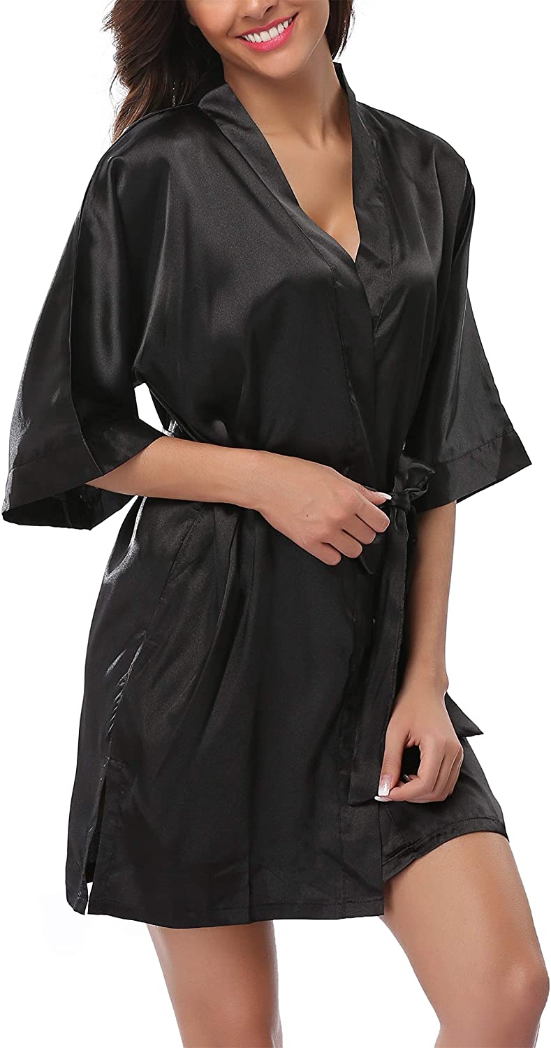 Price:$9.99 Womens Short Satin Pure Color Bathrobe Kimono Nightgown Silky Pajama Gown at Amazon Women’s Clothing store