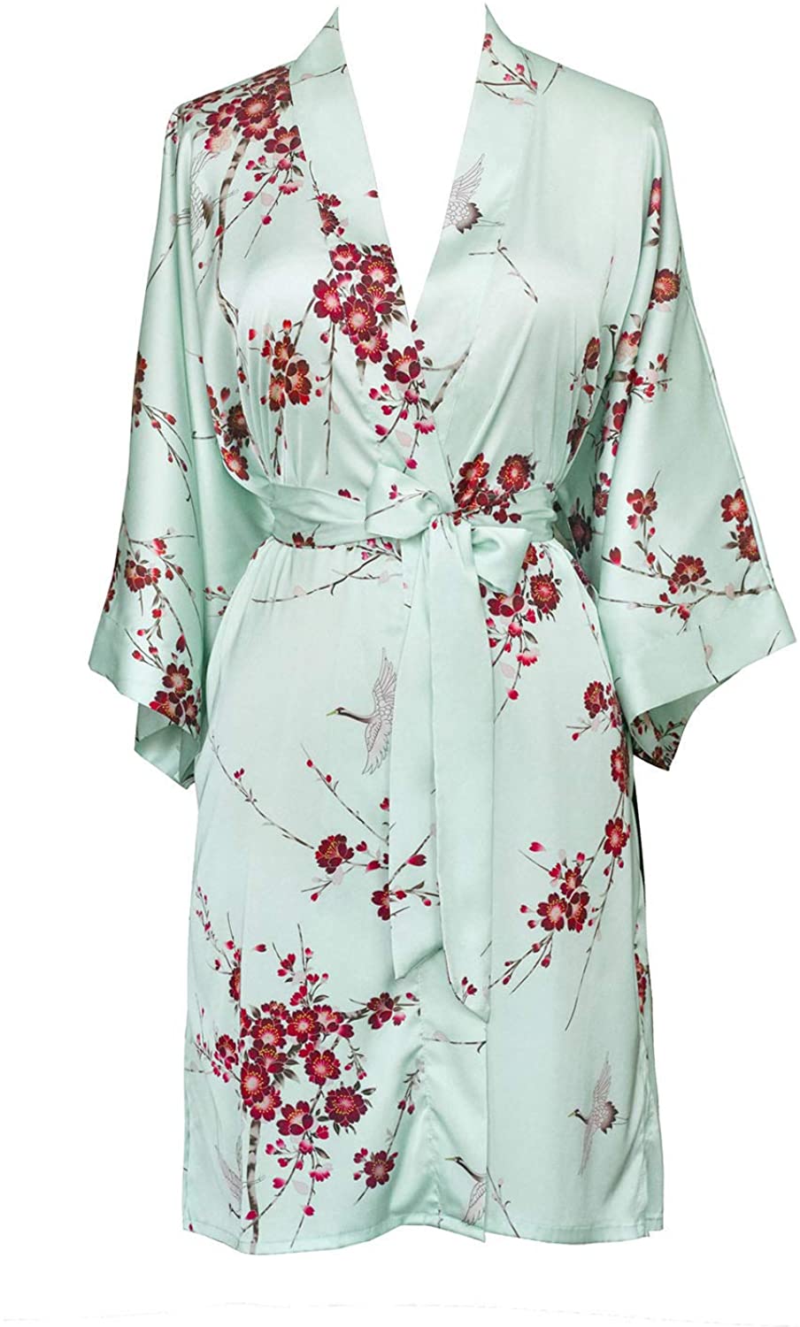 Price:$98.00 Women's Charmeuse Kimono Robe Short - Watercolor Floral - Cherry Blossom & Crane- Aqua (Blue) at Amazon Women’s Clothing store