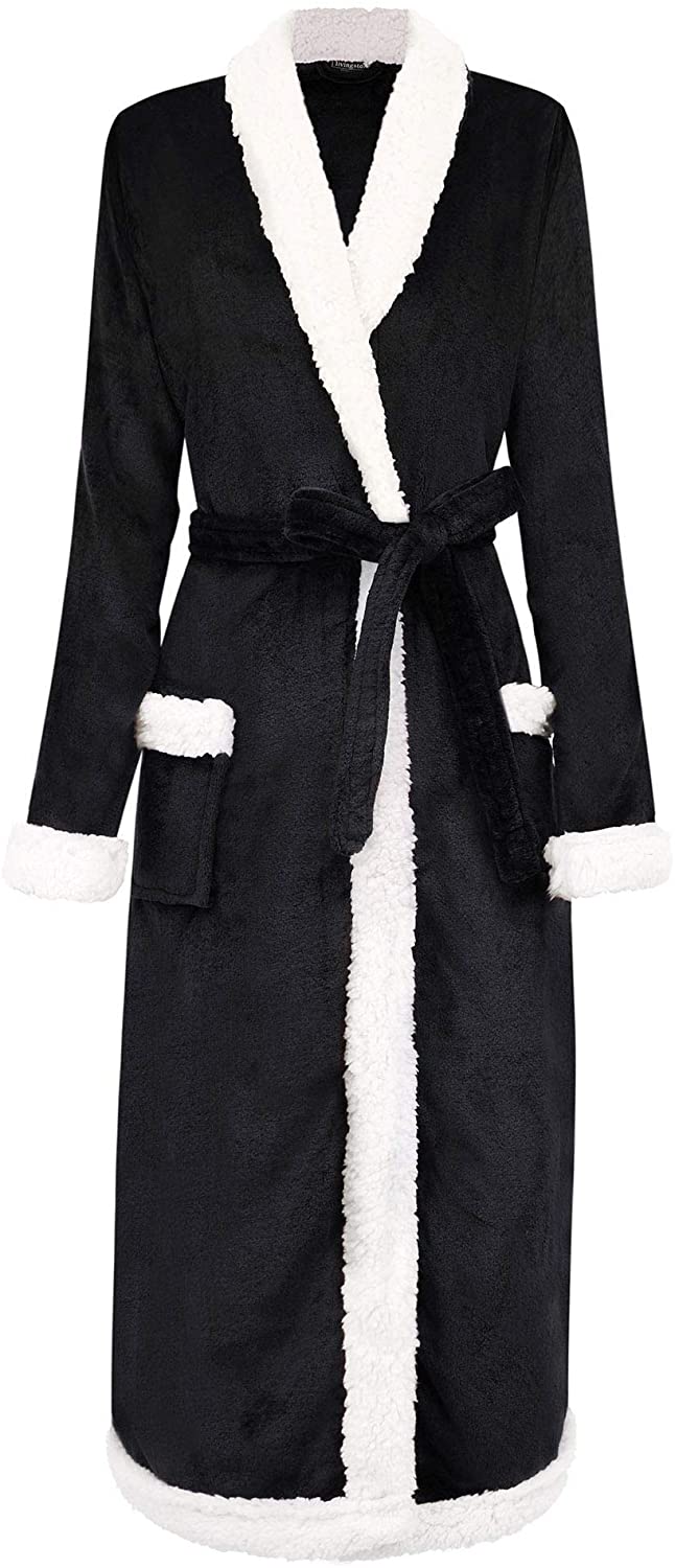 Price:$34.99 Livingston Bathrobes for Women Plush Robe with Sherpa Trim and Pockets, Black at Amazon Women’s Clothing store