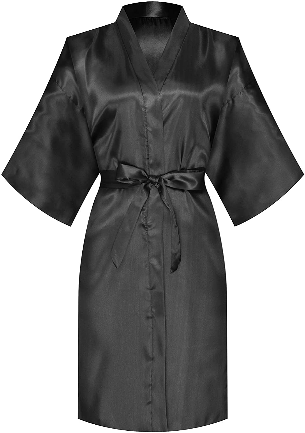 Price:$9.99 MORFORU Women Bride Bridesmaid One Size Silky Satin Kimono Robe Solid Color Sleepwear for Wedding Party Getting Ready, Short (Black) at Amazon Women’s Clothing store