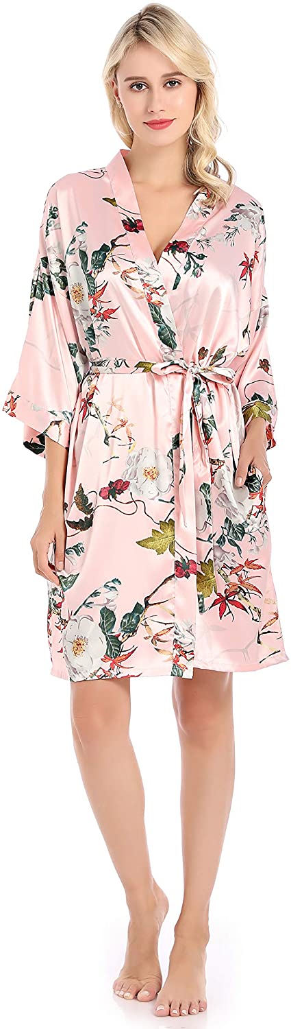 Price:$7.99 Women's Robes Pink Floral Silk Kimono Pajama Sleepwear, Pink, M at Amazon Women’s Clothing store
