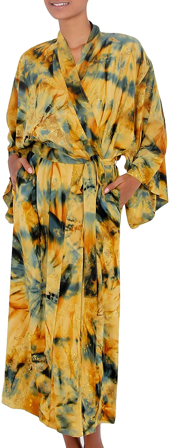 Price:$44.99 NOVICA Yellow Women's Batik Robe, Golden Firebirds' (One Size Fits Most) at Amazon Women’s Clothing store  Bathrobes