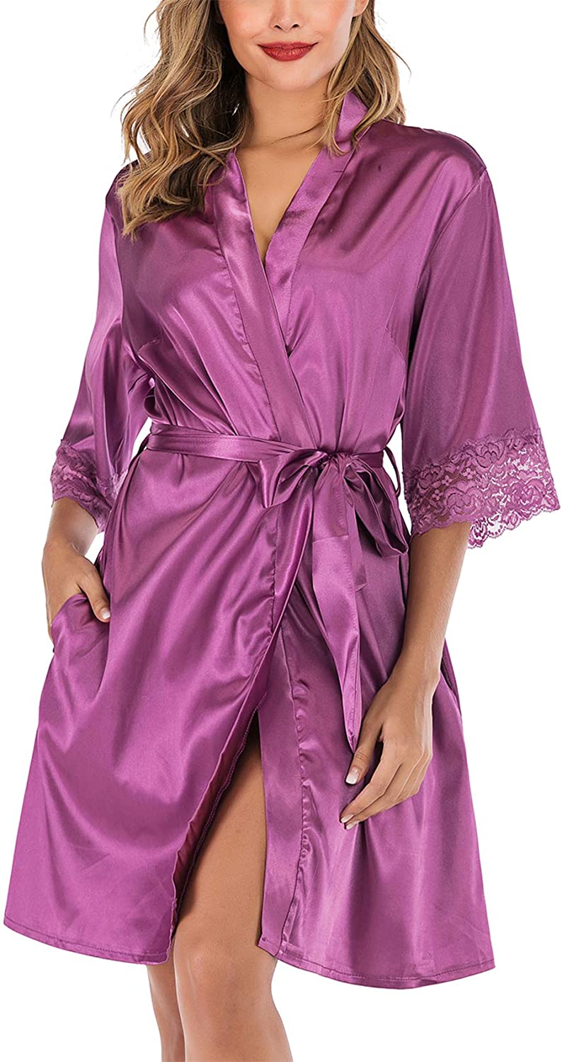 Price:$16.99 ABirdon Women's Satin Silk Bathrobe Oblique V-Neck Short Lace Trim Kimono Robe Nightgown Sleepwear Satin Short Robe S-XXL at Amazon Women’s Clothing store