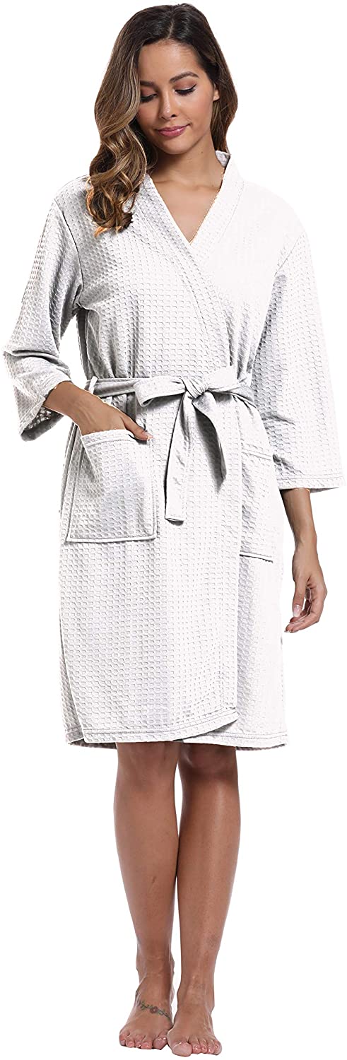 Price:$20.39 Foucome Waffle Weave Bath Robe for Women Cotton Robes Knit Spa Bathrobe Knee Length Sleepwear with Belt at Amazon Women’s Clothing store