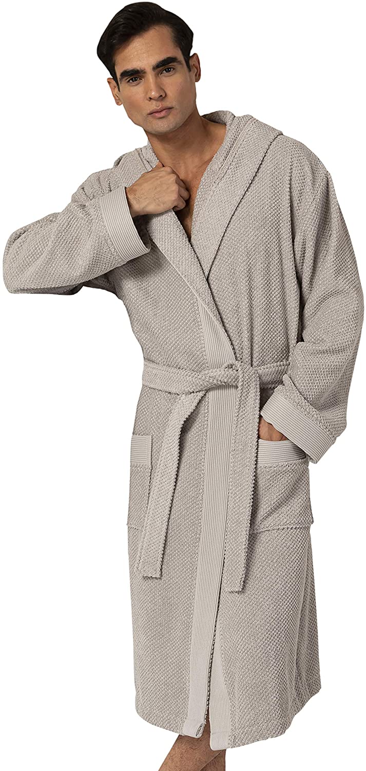 Price:$39.99 Turkish Cotton Luxury Bathrobe Mens - Hooded Big, Tall, Loose Cut Cotton Terry Cloth Robe - Long Textured, Rice Weave Trim at Amazon Men’s Clothing store