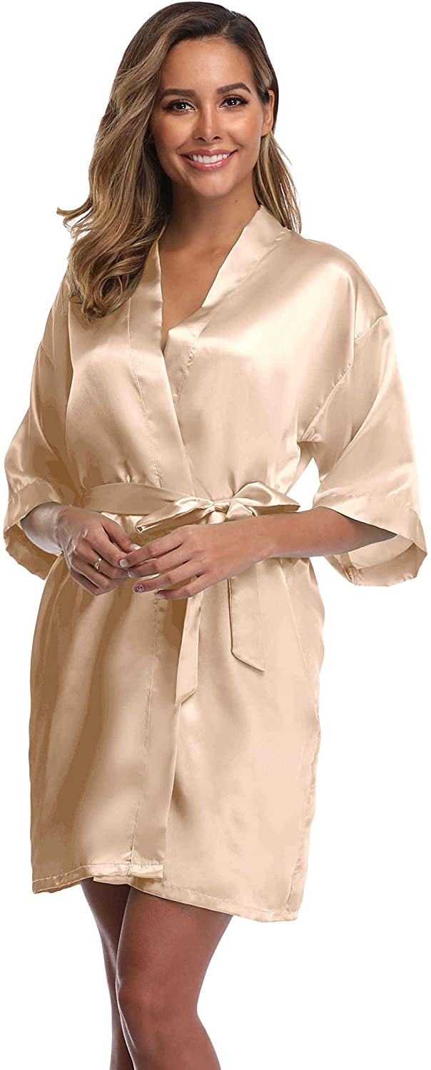 Price:$9.99 FADTOP Women's Pure Color Satin Short Kimono Bridesmaids Lingerie Robes at Amazon Women’s Clothing store