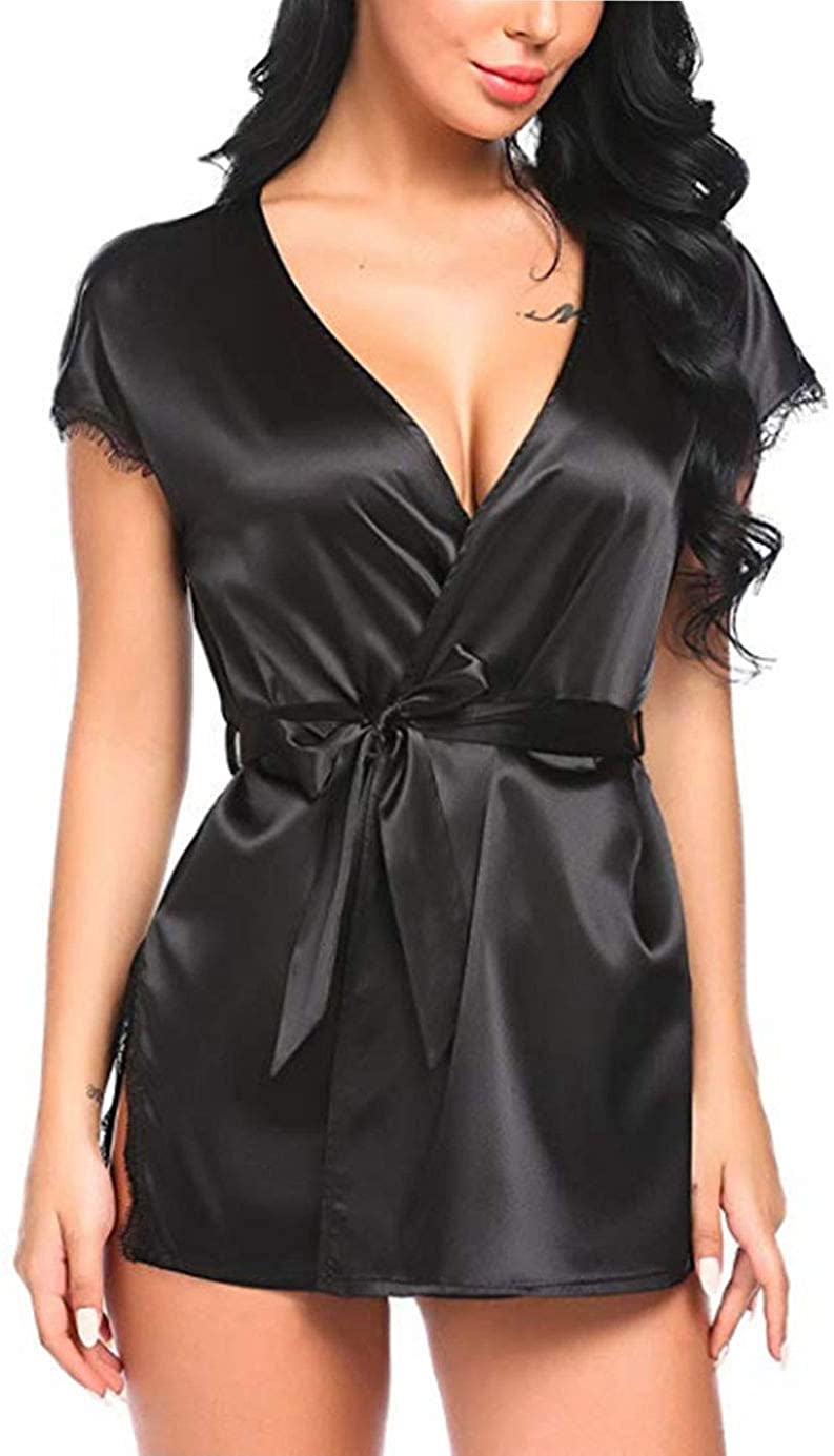 Price:$14.99 FEOYA Womens Lingerie Robe Satin Kimono Robe Sexy Lace Trim Short Sleepwear Bridesmaids Nightwear with Belt at Amazon Women’s Clothing store