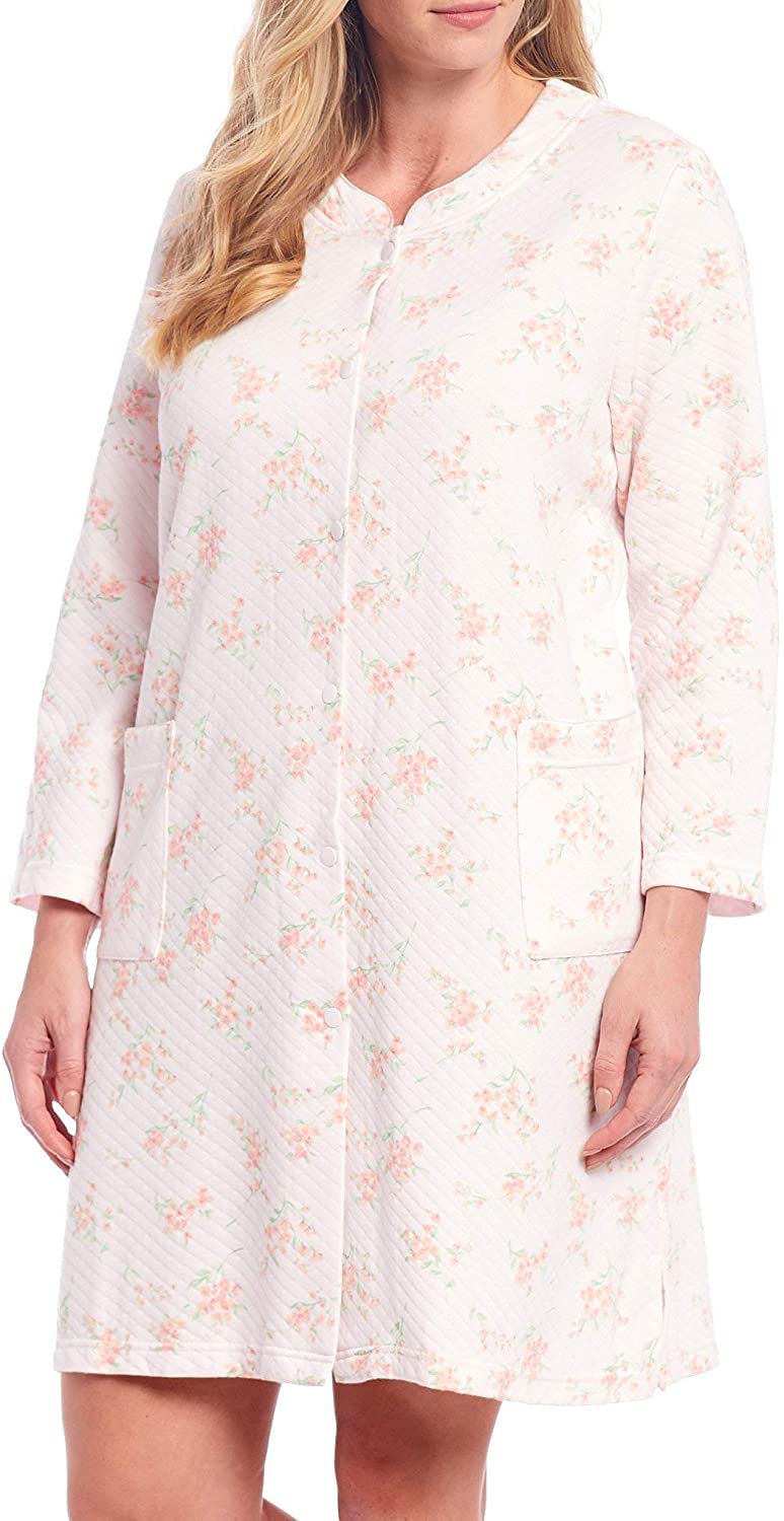 Price:$54.99 Miss Elaine Plus Size Quilted Knit Floral Print Grip-Front Short Robe (3X Plus, Pink Floral) at Amazon Women’s Clothing store