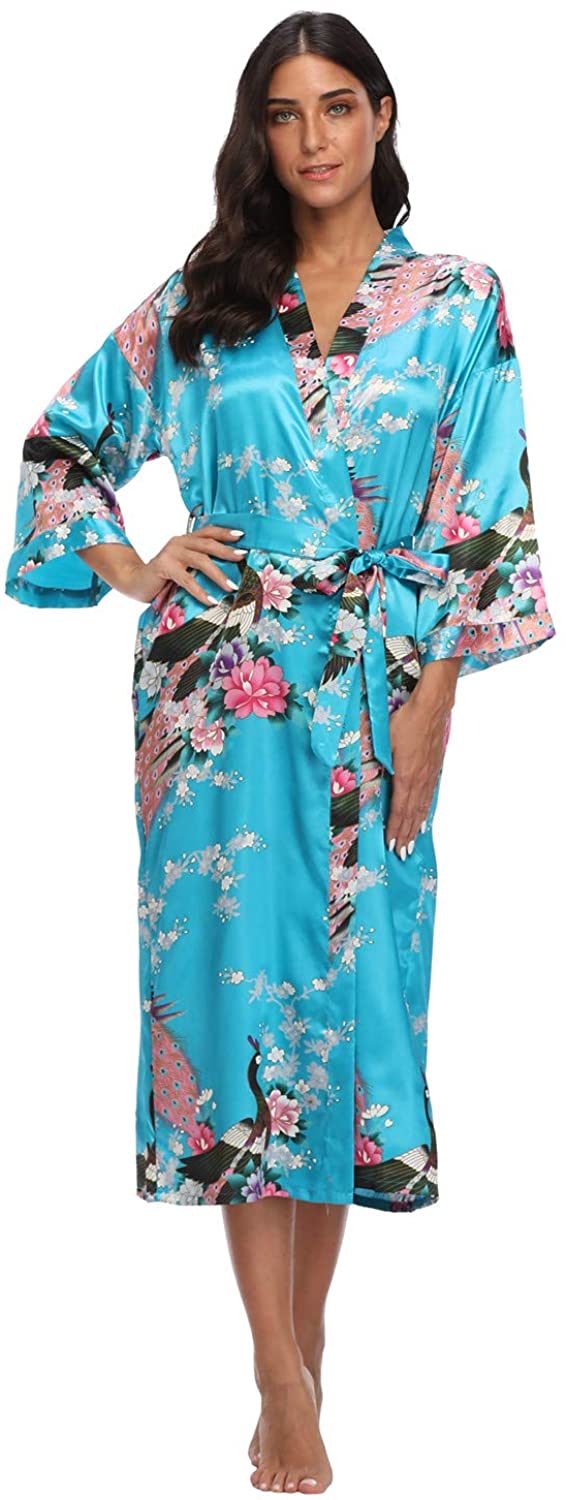 Price:$9.99 Women's Floral Long Kimono Robes Satin Dressing Gown Peacock Blossoms at Amazon Women’s Clothing store