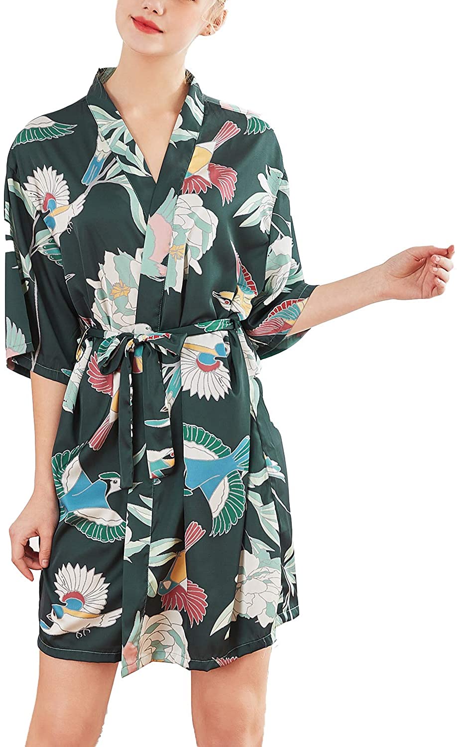 Price:$16.99 Lu's Chic Women's Satin Kimono Robe Silky Luxury Nightgown Blossoms Short Soft Bathrobe at Amazon Women’s Clothing store