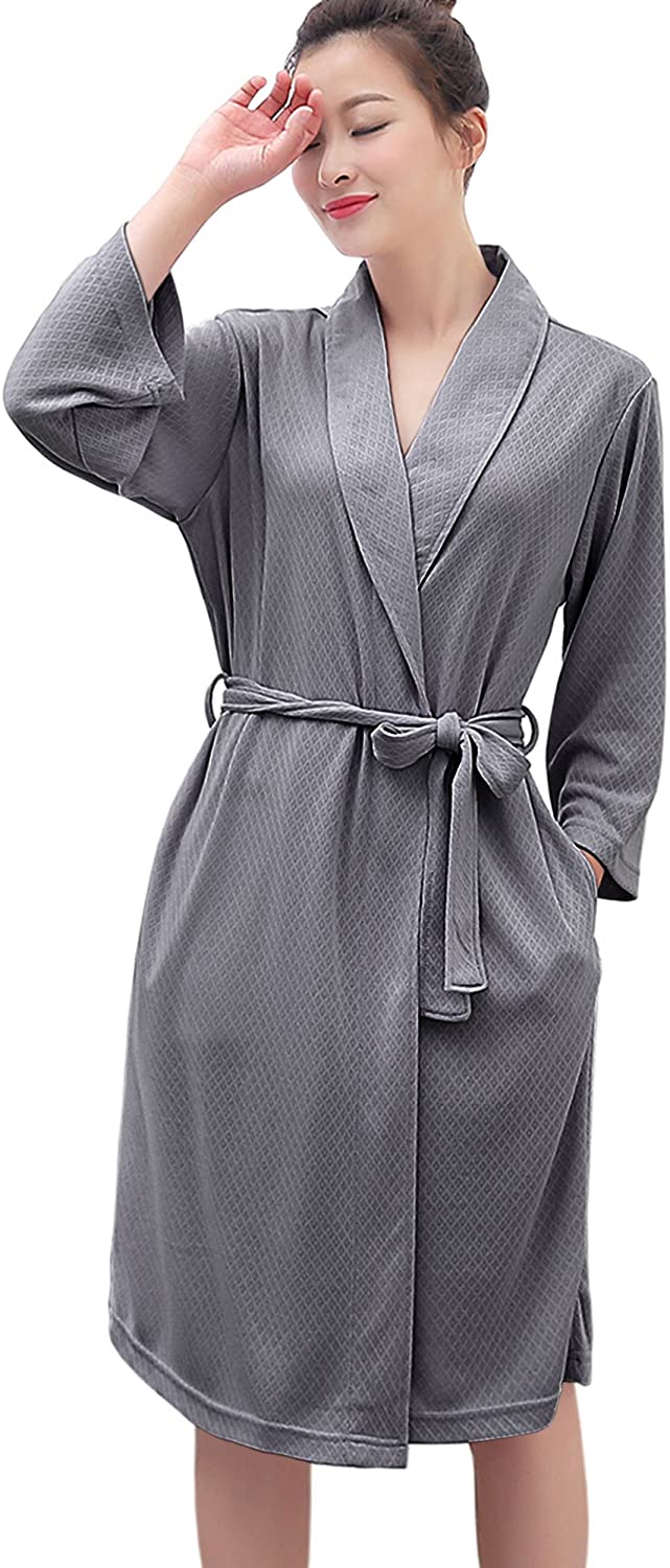 Price:$12.20 Womens Robe Lightweight Cotton Bathrobe Kimono Knee Length Spa Plus Size Soft Loungewear Hotel Robes for Ladies at Amazon Women’s Clothing store