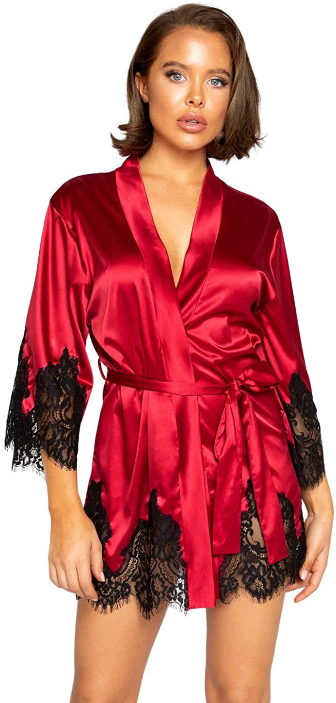 Price:$49.00    Roma Women's Satin Lace Robe, Red/Black, One Size  Clothing