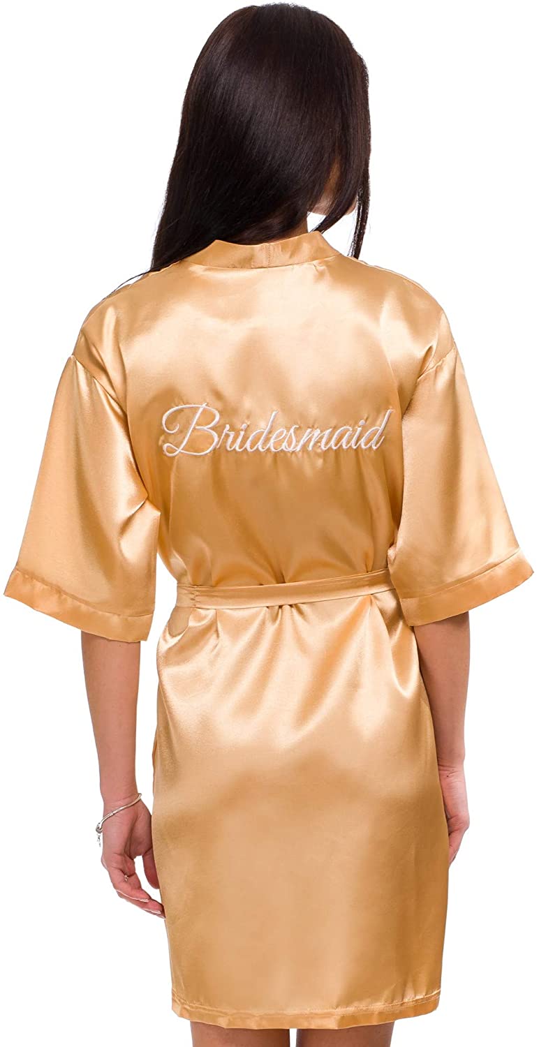 Price:$19.99 Satin Bridemsmaid Robes with Gold Titles Embroidered for Bride, Bridesmaids, Maid of Honor at Amazon Women’s Clothing store