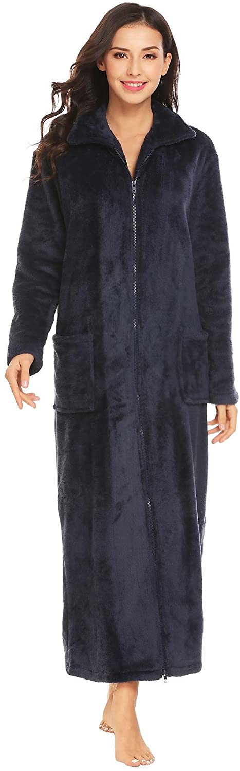 Price:$35.99 Ekouaer Women's Fleece Robe Long Sleeve Soft Warm Front Zipper Bathrobe Sleepwear, Small, Purplish Blue Navy at Amazon Women’s Clothing store