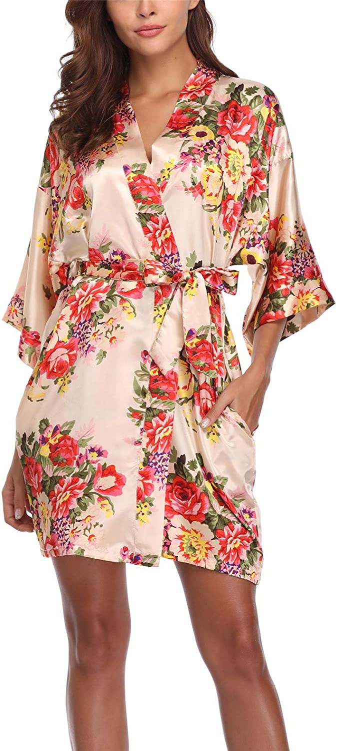 Price:$13.99 VOGTORY Womens Floral Satin Robes for Bridesmaid and Bride Short Kimono Robes for Wedding Party with Two Side Pockets at Amazon Women’s Clothing store