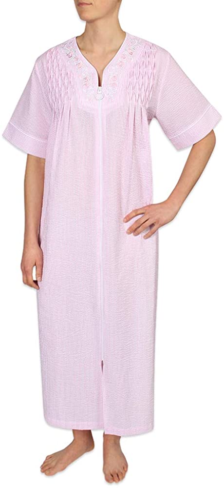 Price:$49.95 Miss Elaine Women's Long Seersucker Zipper Robe with Short Sleeves, Embroidery, and Smocking. Two Inset Side Pockets at Amazon Women’s Clothing store