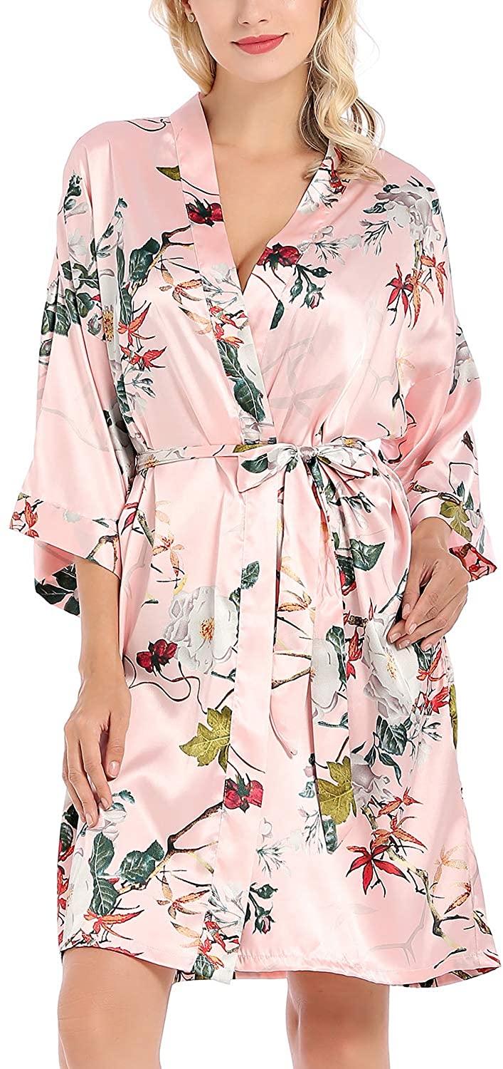 Price:$21.99 Lu's Chic Women's Satin Kimono Robe Silk Floral Bathrobe Bridesmaids Short Pocket Loungewear at Amazon Women’s Clothing store