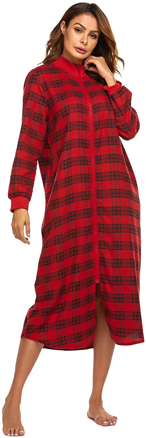 Price:$14.99 Ekouaer Zipper Robe Plaid Nightgown Zipper Housecoat Long Loungewear for Women at Amazon Women’s Clothing store