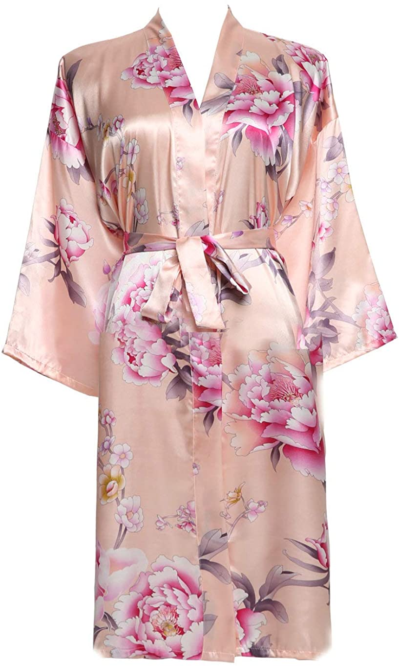Price:$21.99 Owiter Peony Floral Robes Satin Silk Bridesmaid Bridal Robes Short Robe at Amazon Women’s Clothing store