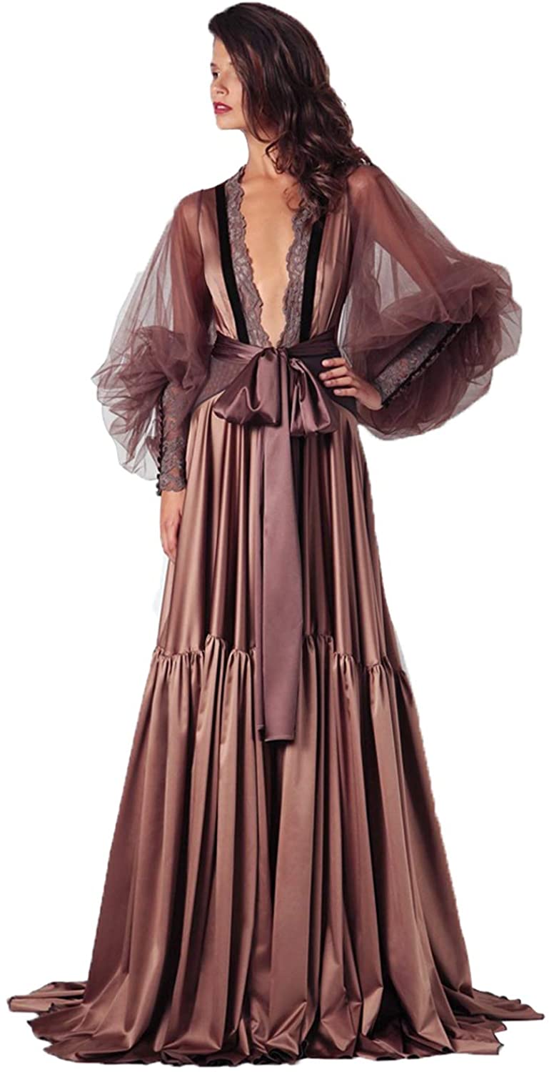 Price:$75.90    BathGown Women's Satin Sleepwear Robe Long Kimono Bathrobe Lace Long Sleeve V-Neck  Clothing