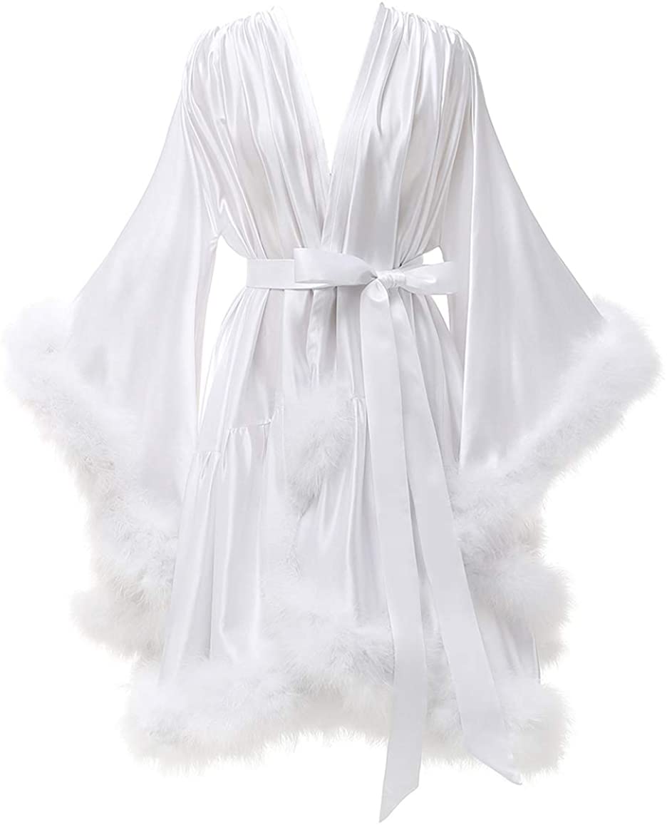 Price:$79.99 Yexinbridal Feather Fur Bridal Sheer Robe Sexy Illusion Lingerie Nightgown Bathrobe Sleepwear at Amazon Women’s Clothing store