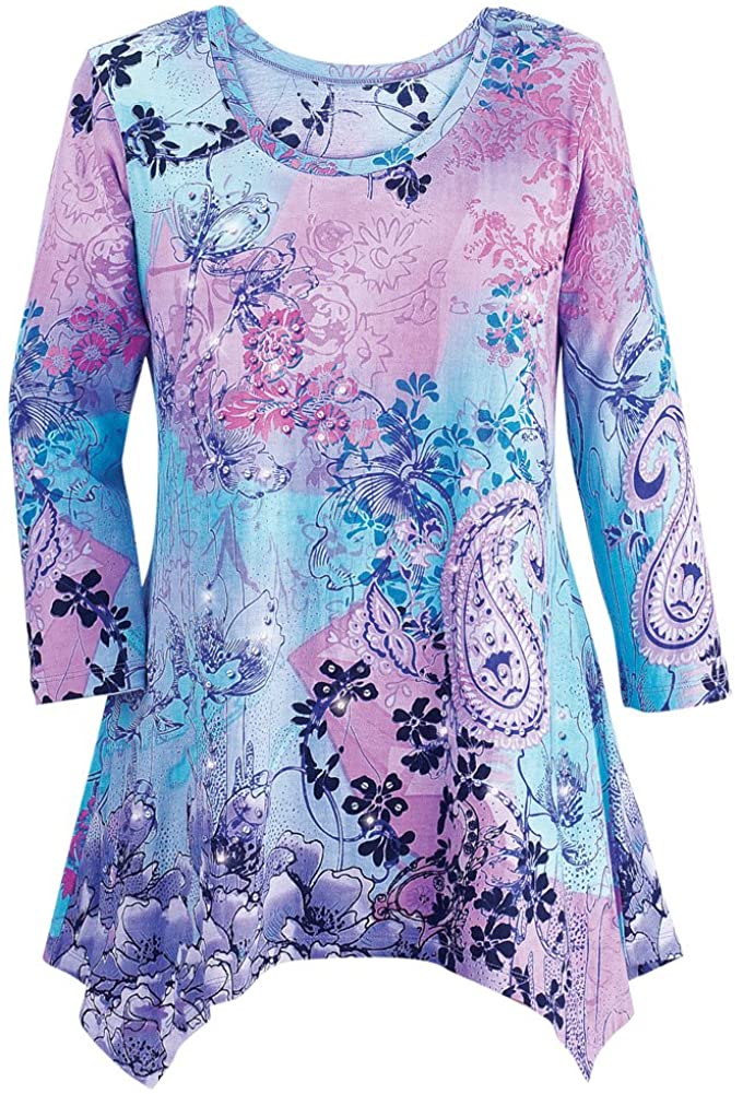 Price:$24.98 Paisley Sharkbite Tunic Sequin Top w/Scoop Neckline at Amazon Women’s Clothing store