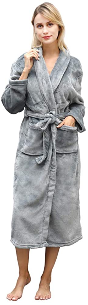 Price:$17.99 HOMEYA Womens Flannel Bath Robe Soft Fluffy Warm Collar Sleepwear for Valentine's Day Gray at Amazon Women’s Clothing store