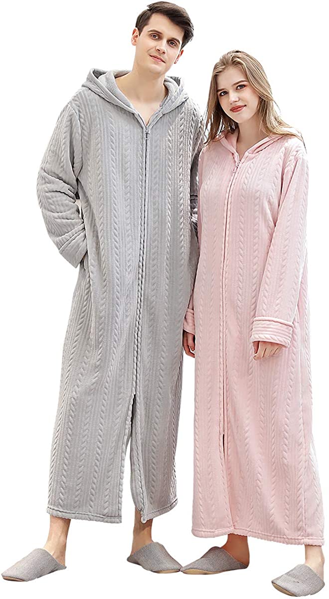 Price:$39.99 LICKLIP Flannel Robe Terry Plush Fleece Unisex Hooded Zipper Long Full Length Couple Bathrobe with Pockets at Amazon Women’s Clothing store