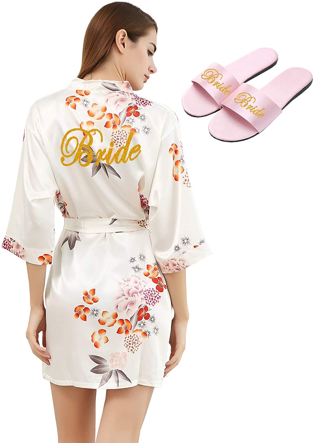 Price:$36.89 PROGULOVER Kimono Robe for Women Floral Satin Bride Bridesmaid Robes Get Free Slippers Wedding Party Wify Bathrobe at Amazon Women’s Clothing store