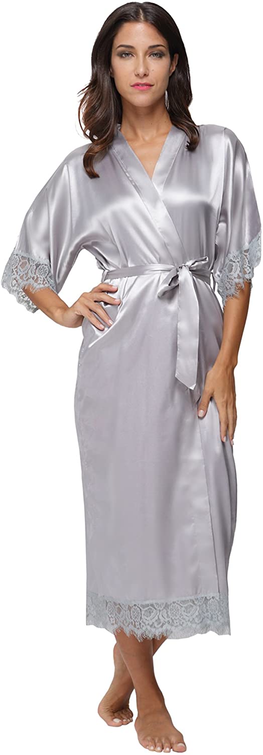 Price:$12.99 Women's Lace Long Robe Silky Bride Bridesmaid Robes Satin Dressing Gown, Silver Grey S at Amazon Women’s Clothing store
