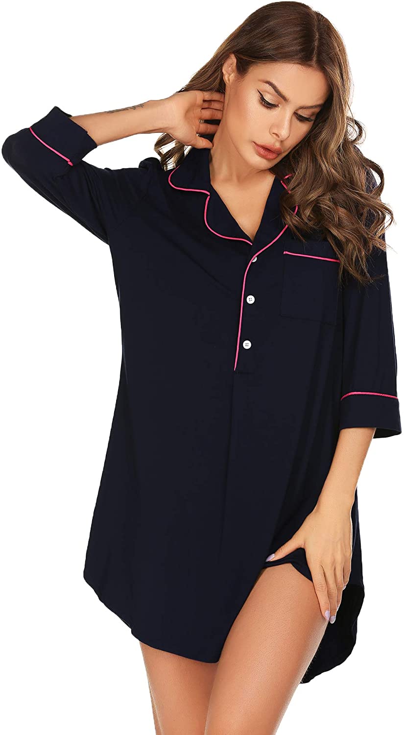 Price:$24.85 LOMON Nightgown Women V Neck Nightshirt Boyfriend Sleep Shirt 3/4 Sleeve Button Sleepwear S-XXL at Amazon Women’s Clothing store
