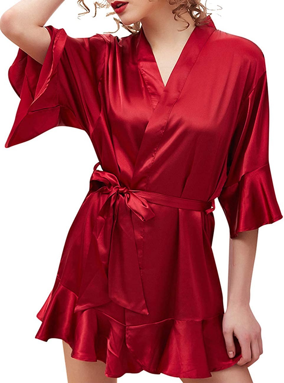 Price:$14.63 ORICSSON Women's Elegant Ice Silk Satin 3/4 Bell Sleeve Short Spa Bathrobe Pajamas at Amazon Women’s Clothing store