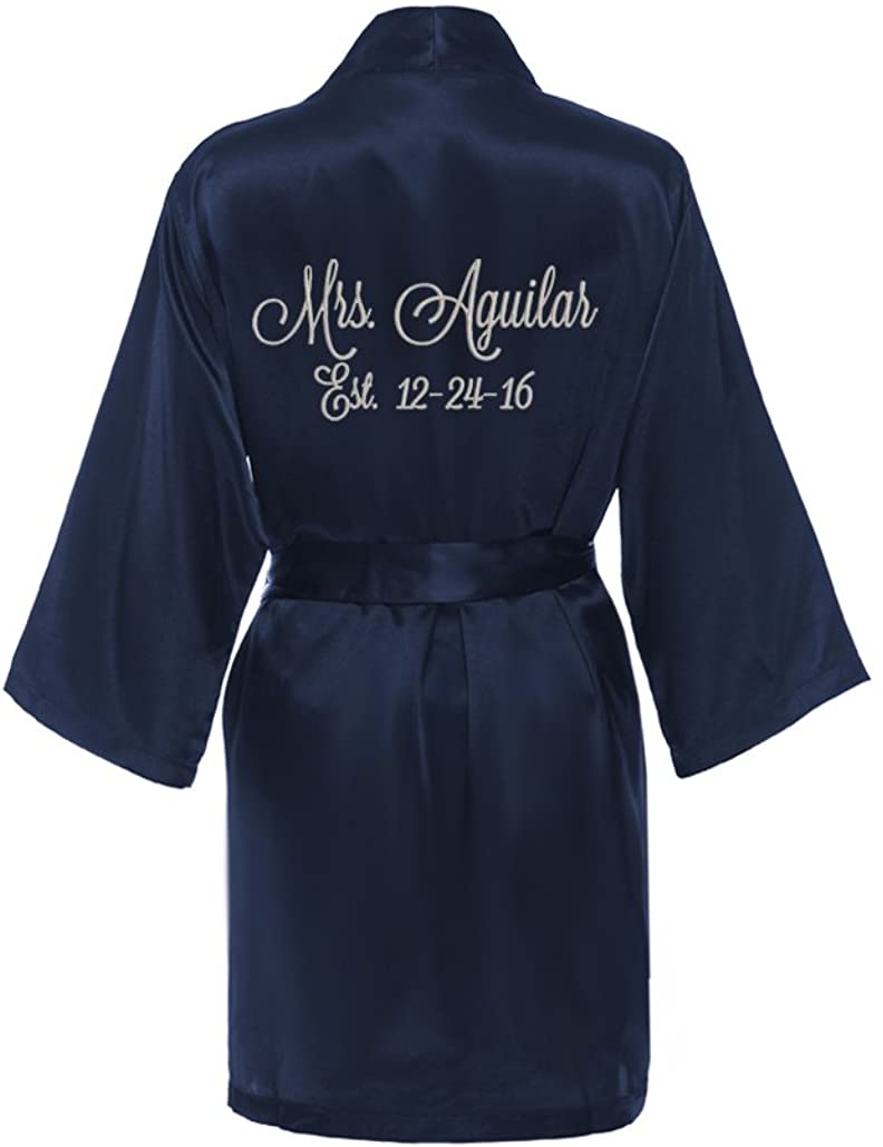 Price:$42.00 Personalized Mrs. Satin Bridal Robe - Navy Blue at Amazon Women’s Clothing store