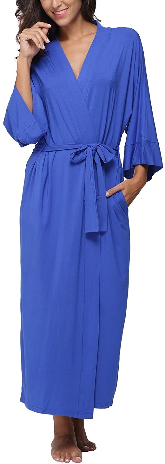 Price:$28.99 FADSHOW Women's Soft Long Sleepwear Modal Cotton Wrap Robe Bathrobe Nightgown Blue, Large at Amazon Women’s Clothing store