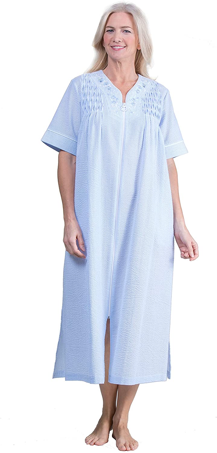 Price:$60.09 Miss Elaine Long Smocked Seersucker Zip Front in Blue Stripe at Amazon Women’s Clothing store