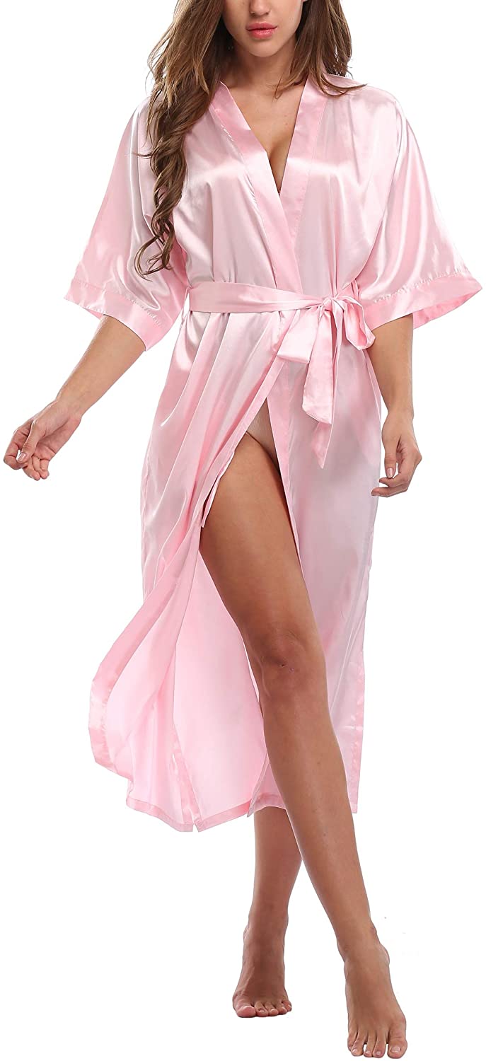 Price:$12.99 WitBuy Women's Long Satin Robe Sexy Lightweight Bathrobe Pure Color Sleepwear Plus Size at Amazon Women’s Clothing store