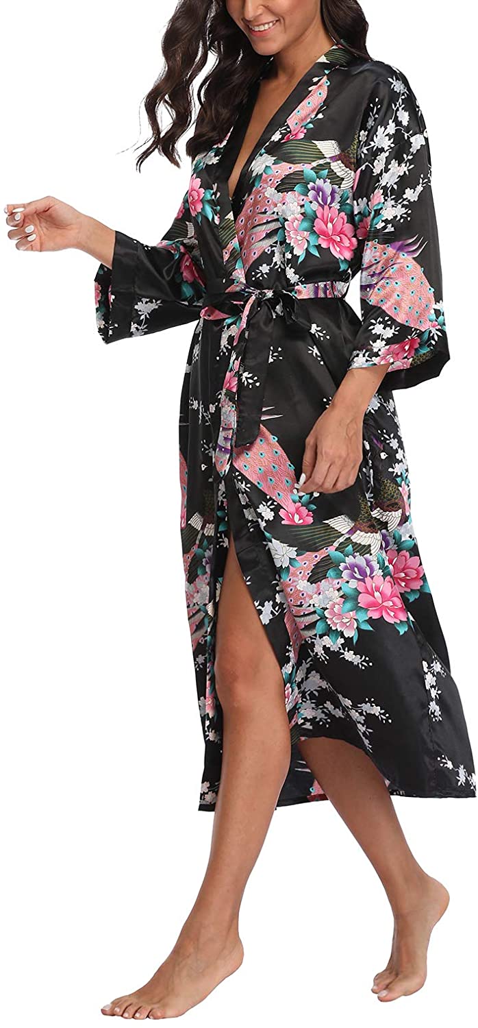 Price:$12.99 Women's Kimono Robe Peacock & Blossom Robe Wedding Satin Bathrobe Nightgown at Amazon Women’s Clothing store
