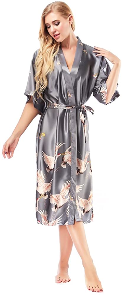 Price:$13.99 Women Kimono Robes Long Soft Sleepdress Lightweight Satin Nightwear Bathrobe at Amazon Women’s Clothing store